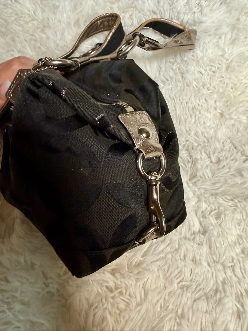 Coach Poppy Y2K Black Metallic Silver Glam Signature Canvas Tote Shoulder Bag